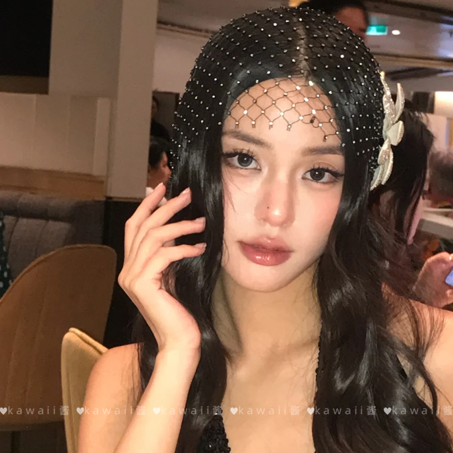 法式名媛风闪钻花朵网纱帽