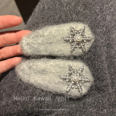 灰色毛绒珍珠雪花发夹女2025新款秋冬绝美韩系边夹侧边刘海夹头饰