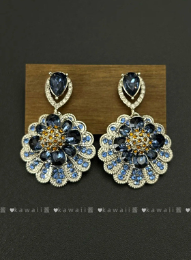 中古vintage蓝色锆石花朵耳环