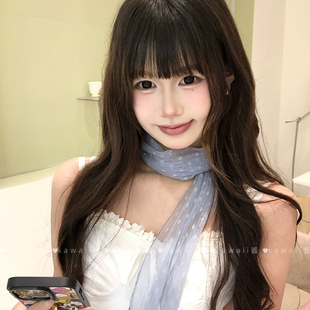 围巾多功能百搭护颈围脖 韩系古早感雾霾蓝波点丝巾春夏氛围感薄款