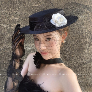 法式赫本黑色网纱山茶花礼帽留洋千金复古优雅名媛气质高级平顶帽