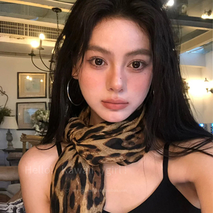 千禧辣妹复古豹纹丝巾纯欲风高级感长披肩个性 印花丝带 氛围感薄款