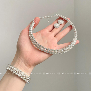 爆闪满钻双层项链耳环手镯轻奢精致千金感锁骨链新娘婚礼首饰套装
