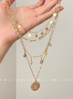 中古vintage金色太阳花多层项链