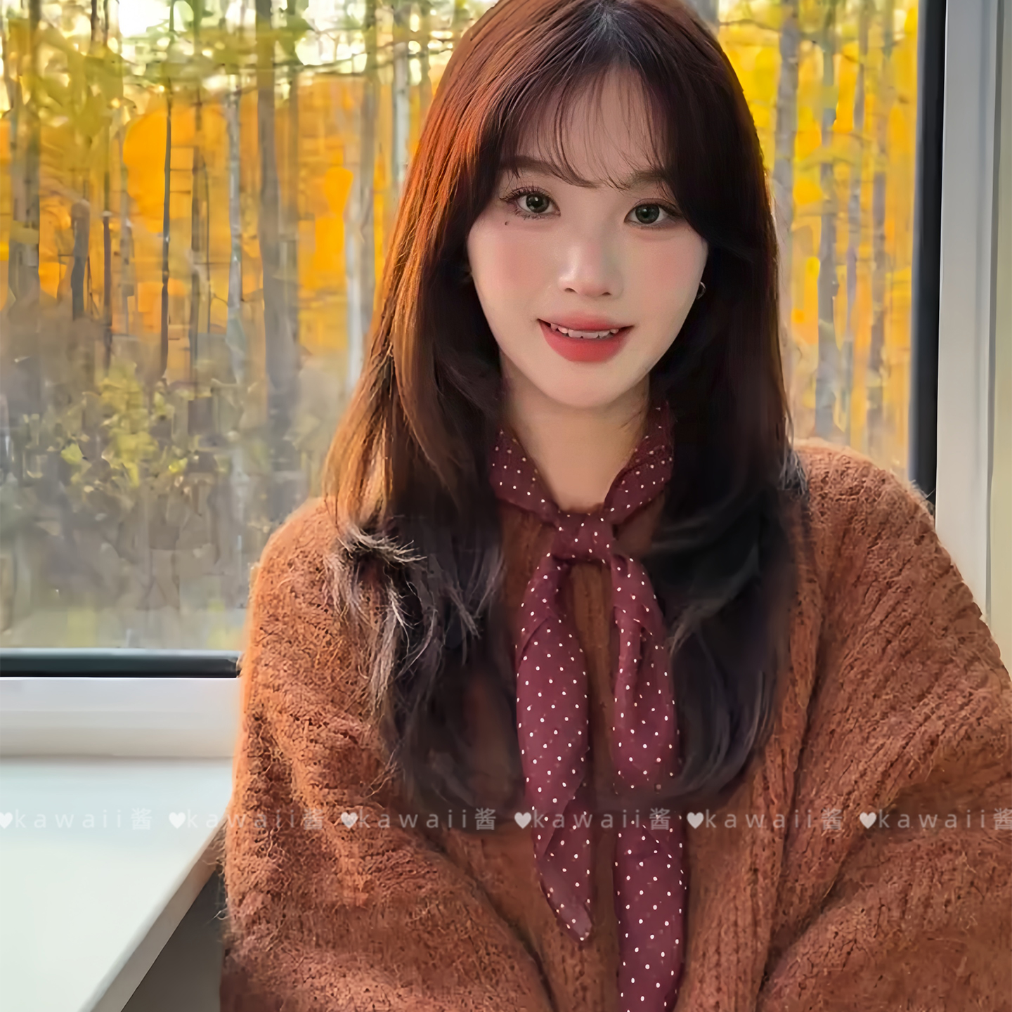 韩系氛围感酒红色波点丝巾