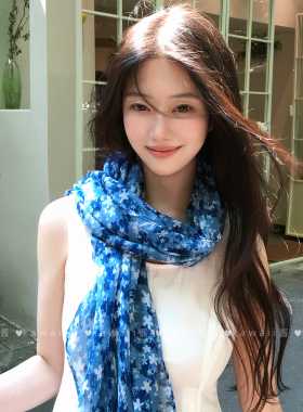 复古文艺故事感青蓝色碎花围巾春夏薄款丝巾云南旅游拍照披肩围脖