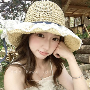 夏日氛围感蕾丝边蝴蝶结编织草帽甜美海边度假风拍照大檐太阳帽子