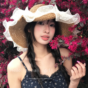 蕾丝边大帽檐编织草帽春夏田园风出游海边沙滩遮阳防晒太阳帽 法式