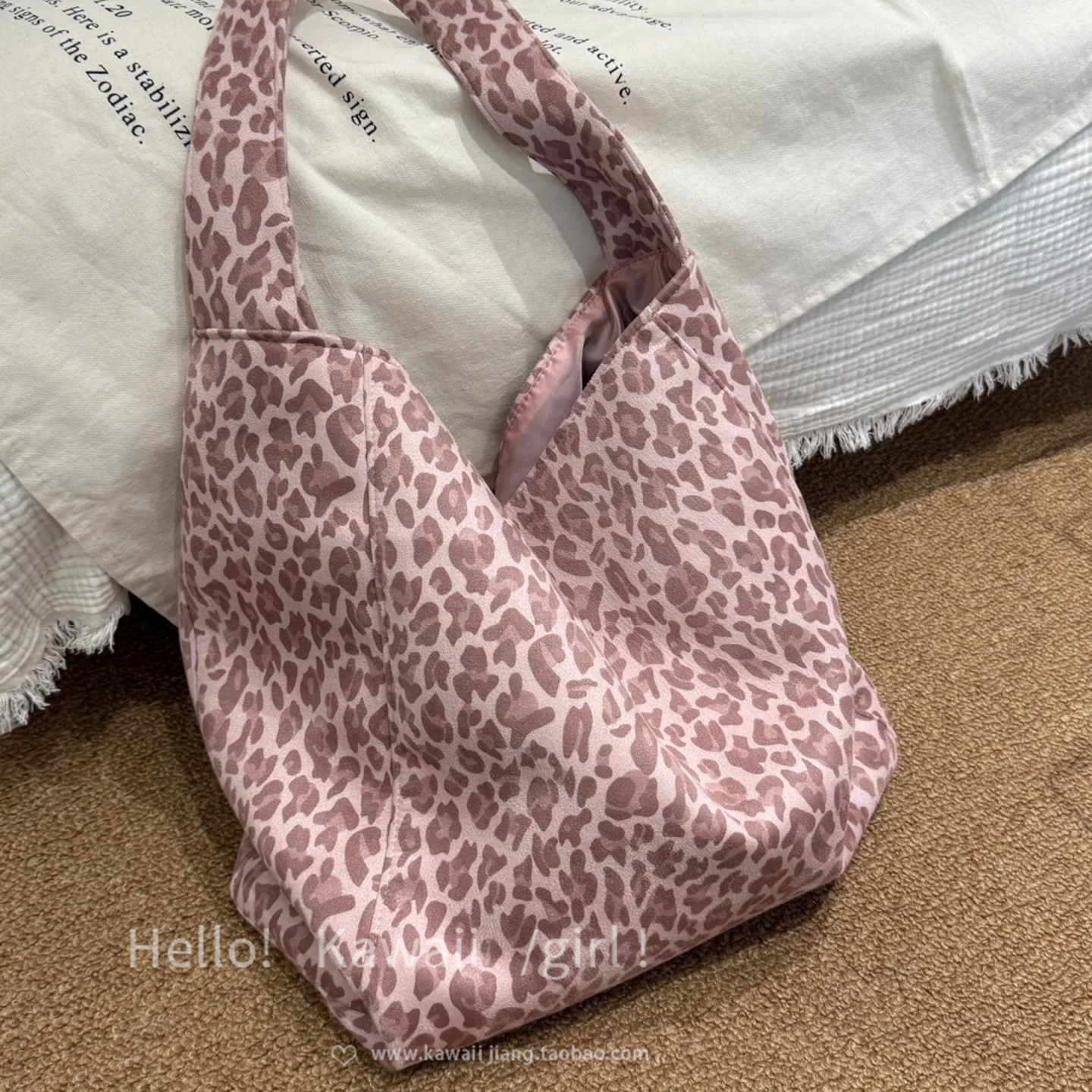 麂皮绒高级感粉色豹纹单肩包秋冬复古休闲帆布包学生大容量托特包