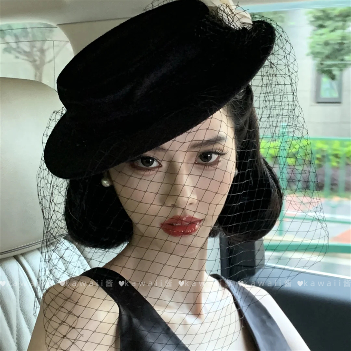 法式赫本风黑色网纱山茶花礼帽