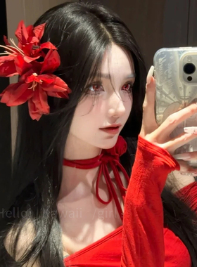复古红色仿真百合花朵发夹头饰新娘敬酒头花礼服发饰新中式侧边夹