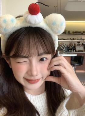 可爱毛绒樱桃小熊耳朵发箍春夏洗脸头箍高颅顶发饰少女生日头饰品