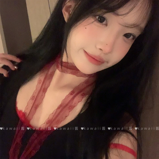 纯欲风红色蕾丝飘带丝巾性感辣妹细窄长条丝带百搭叠戴层次感颈饰