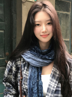复古民族风藏蓝色褶皱碎花丝巾