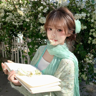 系脖丝巾设计感小众围脖 森系文艺慵懒风薄荷绿围巾春夏清冷感薄款