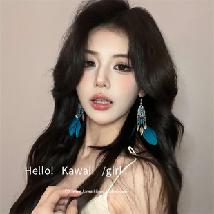 新中式 蓝色羽毛流苏耳饰 小众设计感高级民族风耳环女复古气质长款