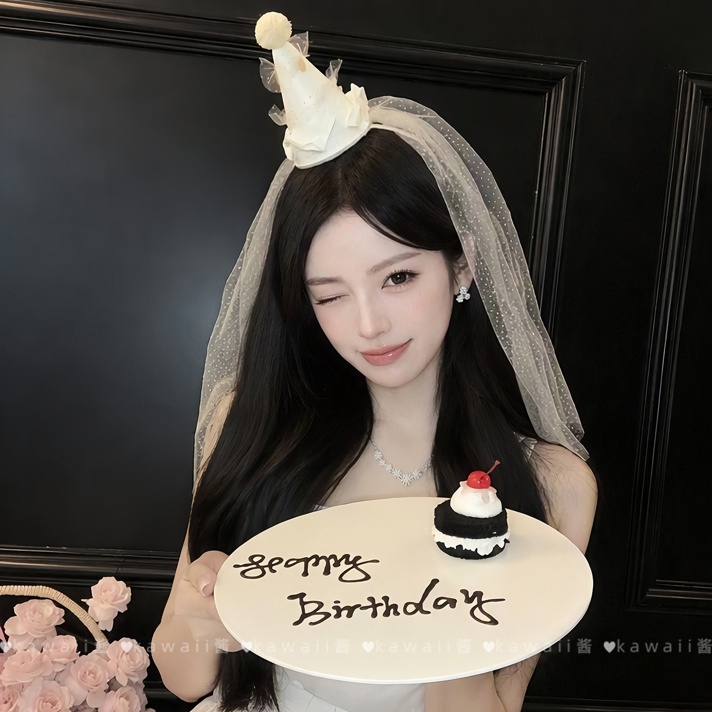公主生日快乐！韩系氛围感蝴蝶结头纱生日帽甜美可爱派对拍照道具