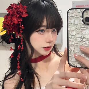 酒红色铃兰流苏发夹超仙仿真花朵头饰氛围感复古礼服配饰女 新中式