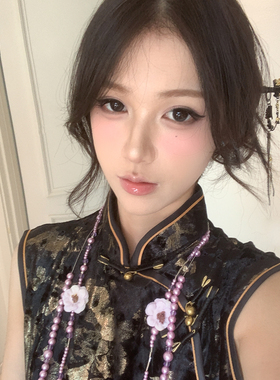 温柔紫色山茶花珍珠流苏叠戴项链