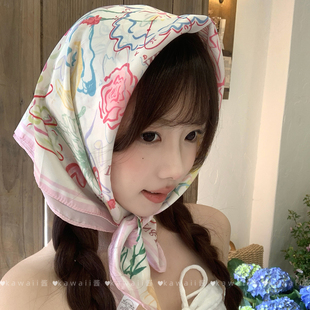 多巴胺彩色方巾高级感发带裹胸配饰抹胸 手绘甜美蝴蝶花朵头巾夏季