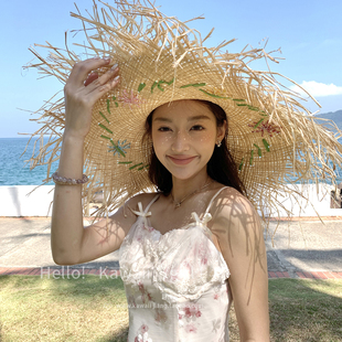 度假风手工刺绣大帽檐拉菲草草帽女夏出游海边沙滩百搭防晒遮阳帽