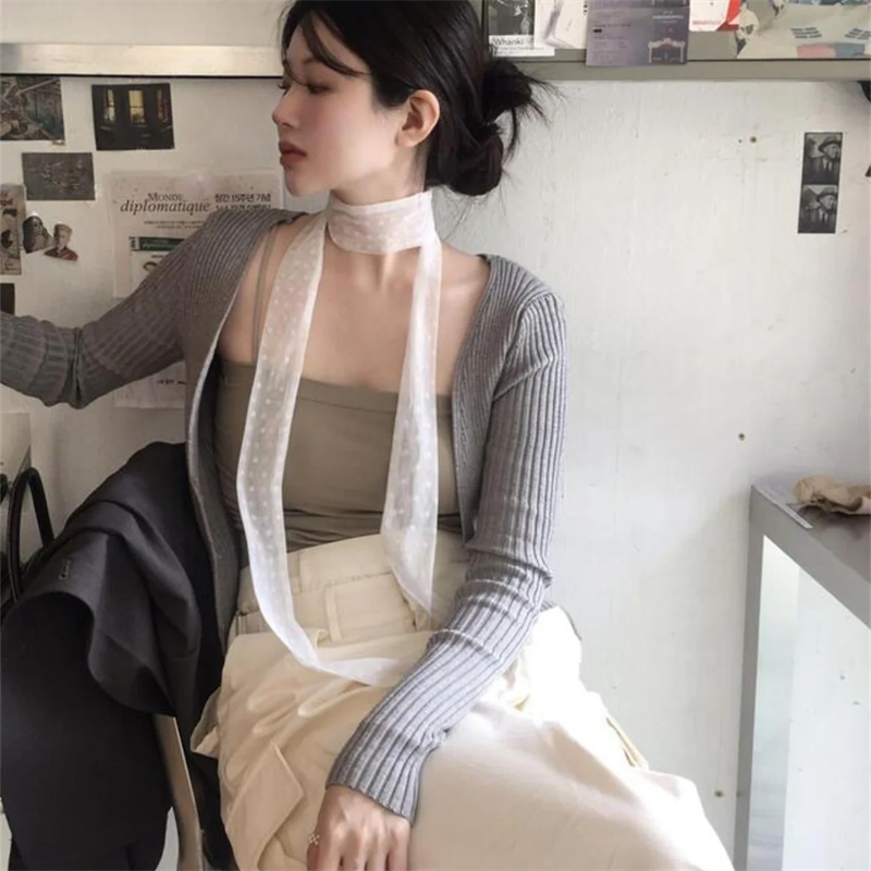 长条春夏新款波点白色丝巾蕾丝女