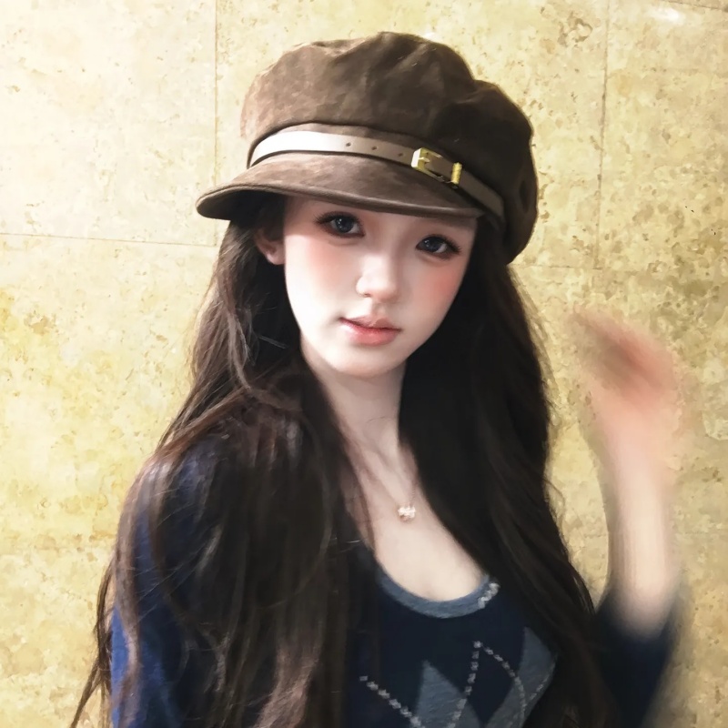 博主同款美拉德咖色复古麂皮绒贝雷帽女秋冬高品质皮带八角报童帽