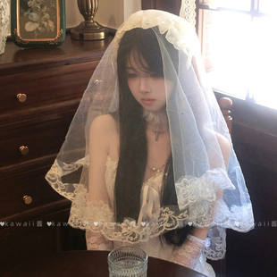 暗黑哥特风白色蕾丝花边头纱万圣节cos吸血鬼新娘头饰高级感面纱