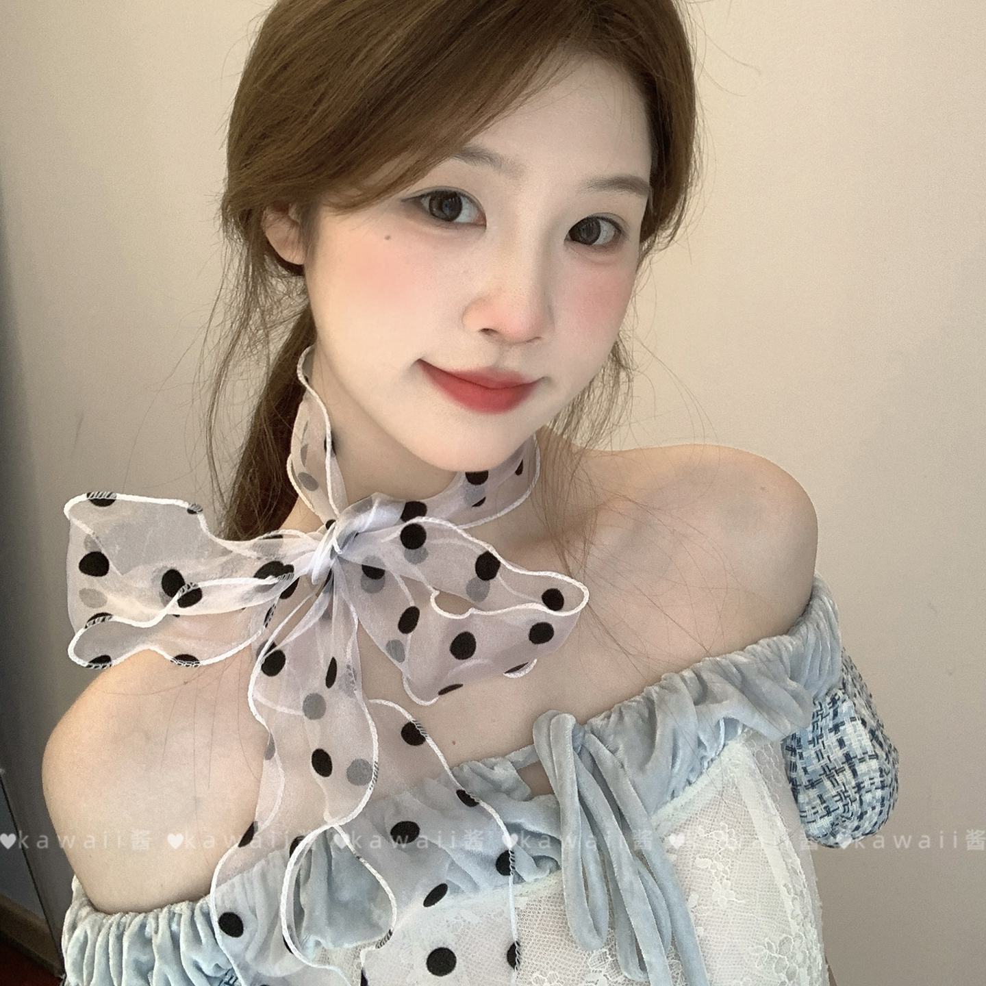 韩系ins欧根纱波点丝巾