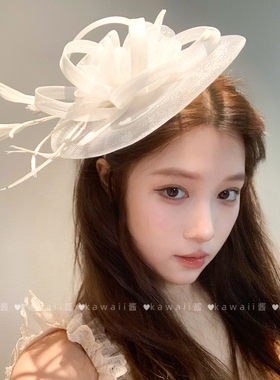 法式赫本风白色网纱小礼帽名媛千金夜上海晚宴面纱帽舞台表演头饰