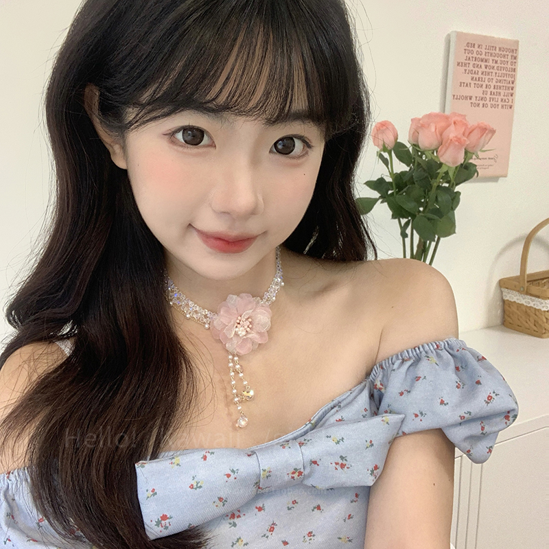 超仙氛围感粉色水晶珍珠项链女独特设计感流苏颈链甜美度假风颈饰