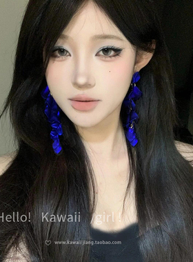 梦核感 蓝色花瓣耳环女复古夸张流苏耳坠韩系高级感轻奢耳钉耳饰