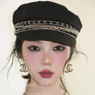 古早千禧感黑色金属链条鸭舌帽秋冬复古英伦风八角帽时尚百搭帽子