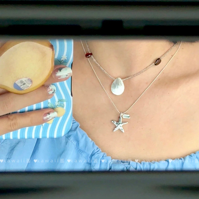 银色双层叠戴海星贝壳项链