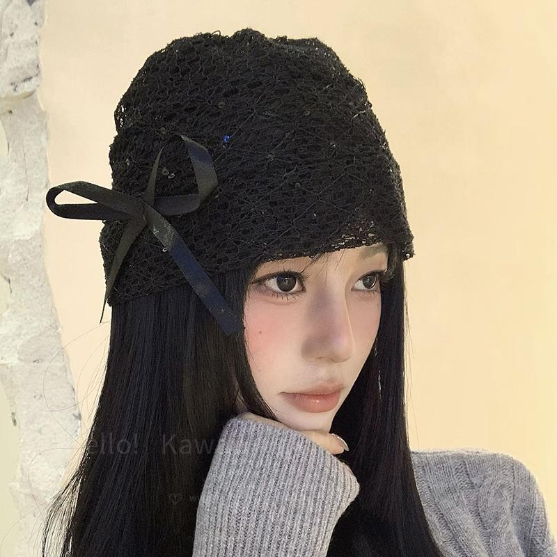 小众镂空蕾丝黑色蝴蝶结帽子