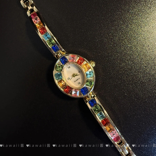 古着多巴胺彩色锆石手表夏季新款轻奢复古气质手链高级感满钻腕表