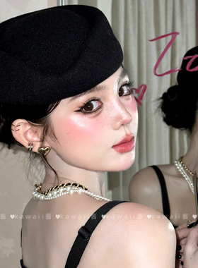 法式赫本风黑色平顶礼帽高级感航空空姐帽复古民国千金小姐贝雷帽