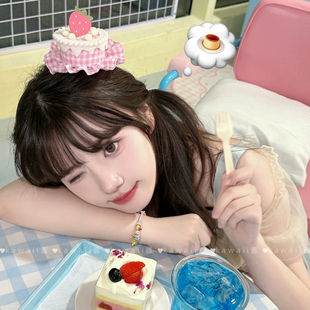 甜美粉色格子草莓生日蛋糕帽子派对聚会氛围感发夹可爱拍照道具