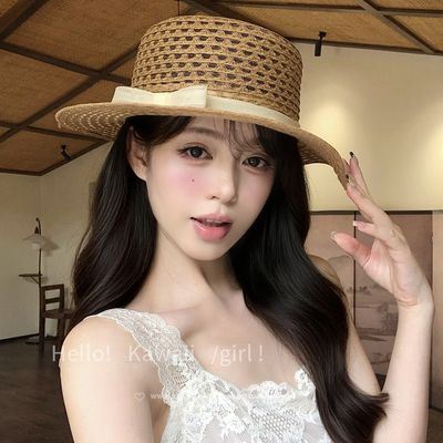 法式蝴蝶结镂空平顶草帽