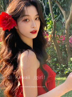 显白红玫瑰发夹复古甜美氛围感仿真花朵侧边发卡海边落日拍照头花