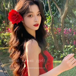 显白红玫瑰发夹复古甜美氛围感仿真花朵侧边发卡海边落日拍照头花