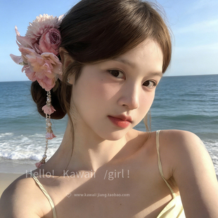 纯欲粉色玫瑰流苏发夹超仙海边度假风侧边夹氛围感百搭头花发饰女