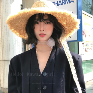 蕾丝花边飘带草帽甜美清新编织女系带度假海边沙滩防晒遮阳帽 法式