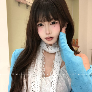 薄款 高级感百搭系脖领巾飘带 小众设计白色蕾丝波点丝巾春夏季 法式