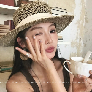 法式 老錢風(fēng)復(fù)古氣質(zhì)平頂帽夏日海邊度假風(fēng)草帽鏤空透氣防曬遮陽帽