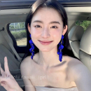 耳饰清冷感夸张轻奢耳钉 复古深蓝花瓣流苏耳环克莱因蓝氛围感长款