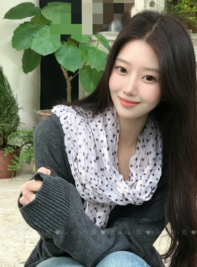 奶白波点褶皱棉麻围巾