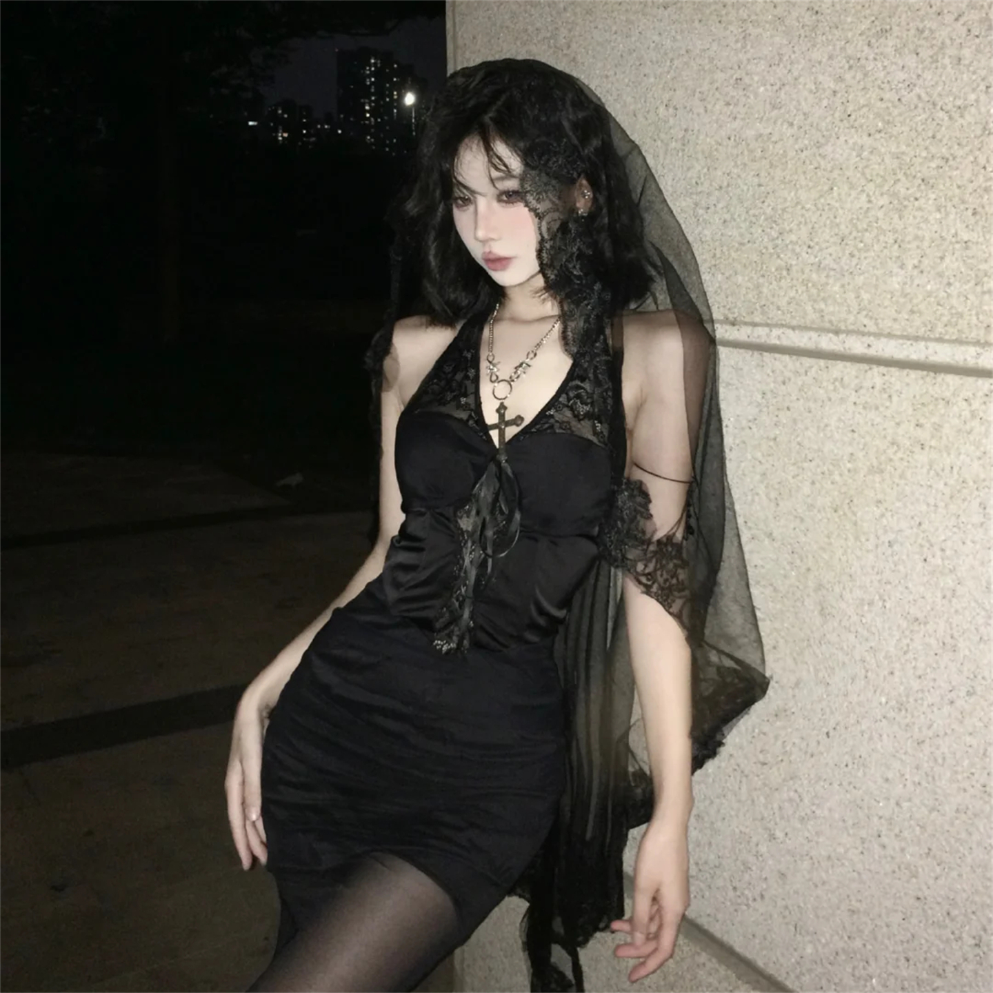 万圣节cos哥特黑色头纱新娘结婚礼服发饰蕾丝遮面盖头亚文化性感