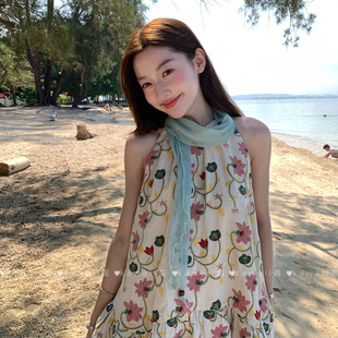 系脖领巾森系文艺百搭围脖 薄荷蓝纯色亚麻串珠丝巾春夏小清新薄款