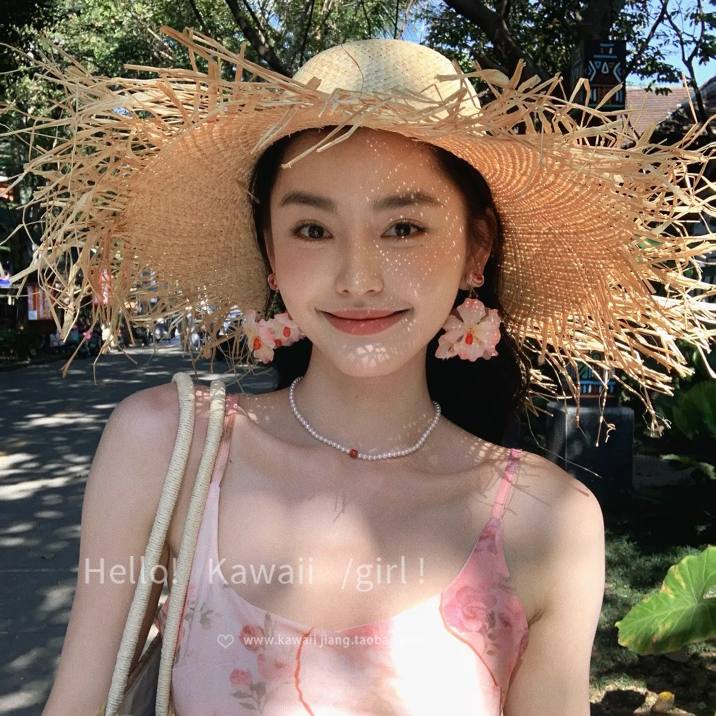 泰兰德度假风拉菲草草帽女夏粉色花朵流苏耳环海边沙滩防晒遮阳帽